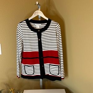 Misook Cardigan Red, black and cream. Sz L